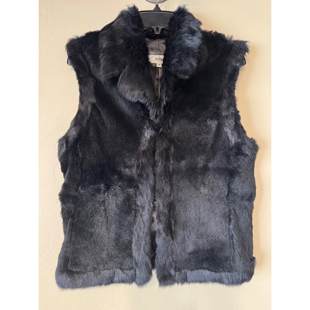 D2K Black 100% Rabbit Angora Fur Vest Collared Sleeveless Glam Jacket Medium